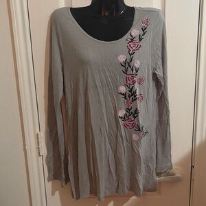 Kim Rogers Gray Long Sleeve Top with Floral Embroidery